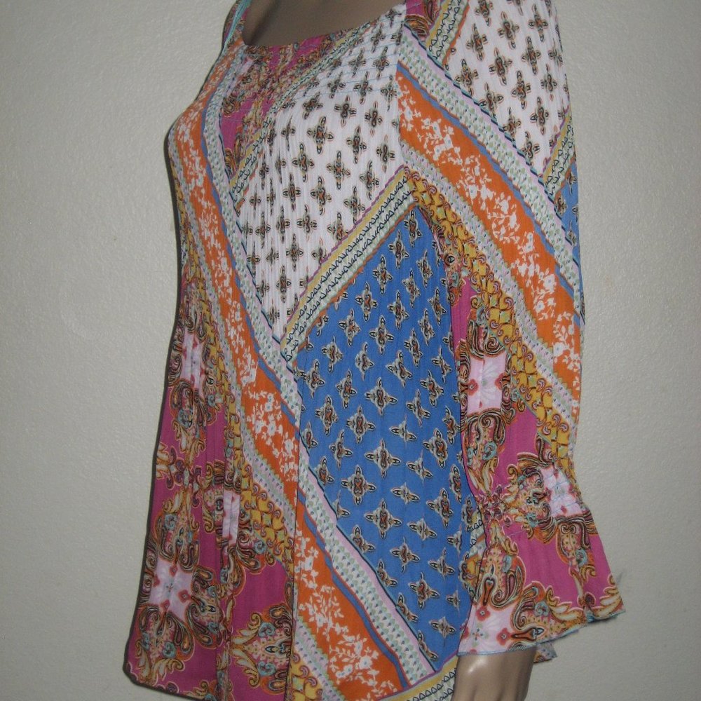 New SPENSE Smocked Pleat Release Blouse Top Multicolor Print L NWT